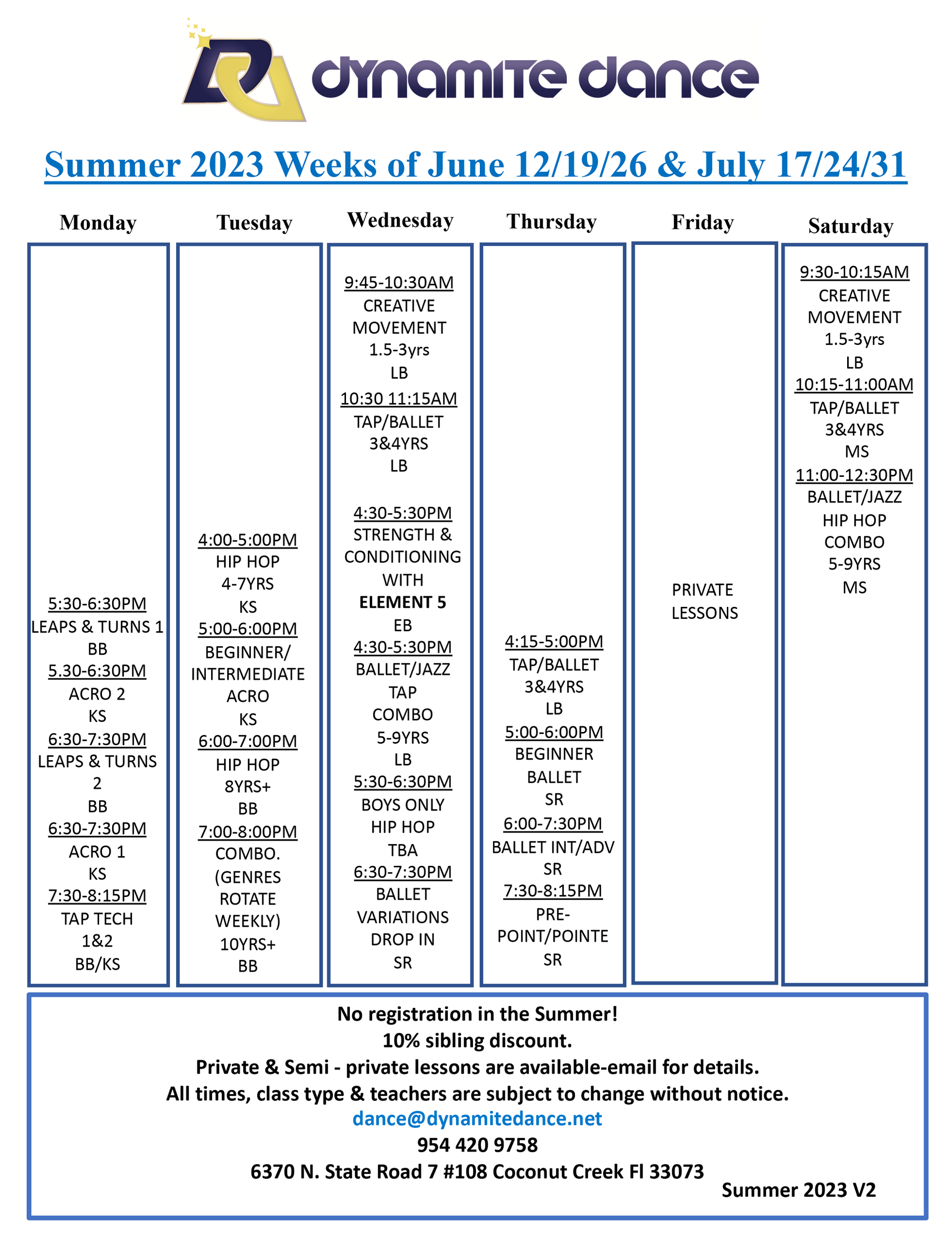 Summer 2023 V2-schedule